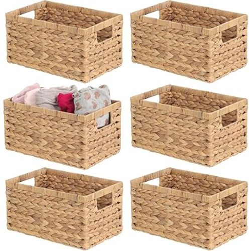 Set of 6 Wicker Storage Basket, Natural Water Hyacinth Storage Baskets 13”x8”x6.7”, Rectangular Wowen Basket For Storage, Wowen Storage Bins For Shelves, Bathroom, Bedroom, Laundry, Pantry