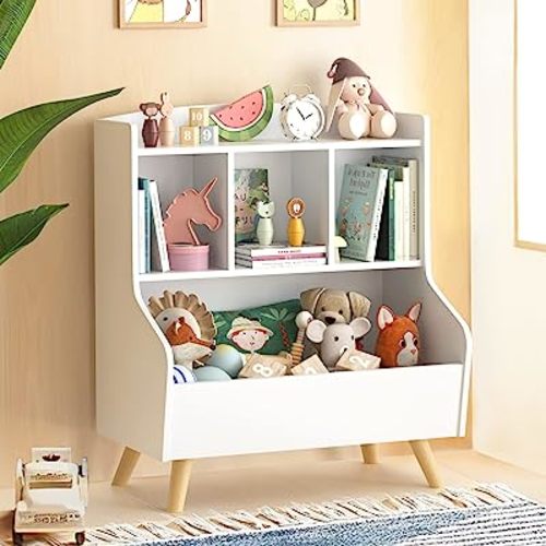 Kids Bookshelf and Toy Storage, 3-Tier Wooden Open Bookcase, Baby Book and Toy Storage Display Organizer with Spacious Top Shelf Children, Friends, Family, White