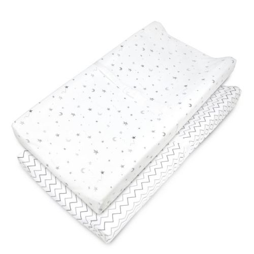 Tl Care Jersey Knit Fitted Contoured Changing Table Pad Cover Stars Zigzag Gray - 2pk