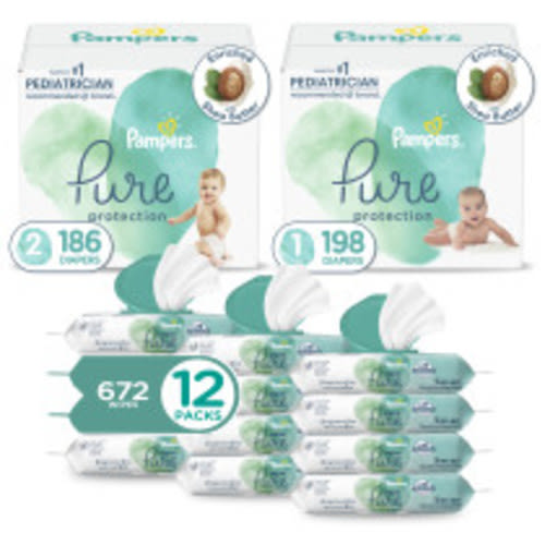 Pampers Pure Protection Diapers Starter Kit: Sizes 1 (198 count) & 2 (186 count) diapers + Aqua Pure Sensitive Wipes 12 Pack (672 count)