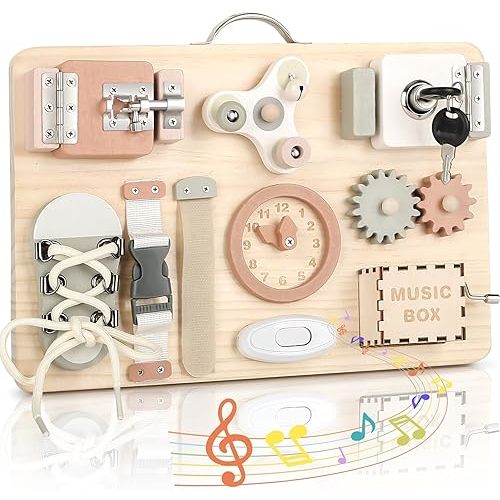 Joyreal Montessori Busy Board for Toddlers - Wooden Sensory Board Activity Board for Fine Motor Skills, Travel Baby Busy Board Sensory Toys for Kids