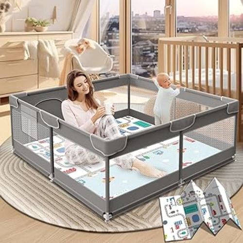 Baby Playpen with Mat, 50 x 50 Inch Play Pen Playards, Playpen for Babies and Toddlers, Baby Playard for Indoor & Outdoor Active Center Game Fence, Skin-Friendly Fabric and Soft Breathable Mesh