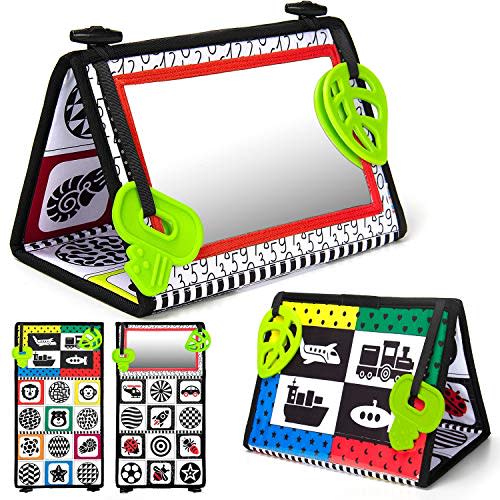 teytoy Tummy Time Baby Mirror Toys with Teethers, Double Black and White High Contrast Baby Toys 0-6 Months, Foldable Floor Sensory Development Toys for Infants Newborn