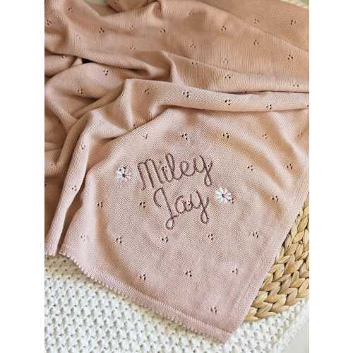 Custom Knit Blanket for Baby Girl Pointelle Blanket with Name and Flowers Embroidered Cotton Swaddle for Newborn Personalized Name Baby Gift