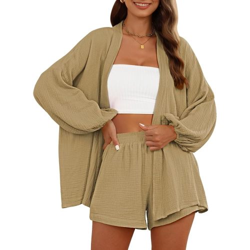 Pink Queen Women's 2 Piece Tracksuit Outfit Long Sleeve Belted Kimono Blouse High Waisted Shorts Lounge Sets