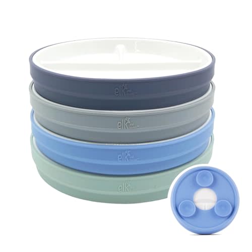 Elk and Friends Kids 6.7” Porcelain Divided Plates with Silicone Suction Sleeves | Suitable for Babies/Kids/Toddlers | Microwave & Dishwasher Safe | Non Slip | Snack Dishes
