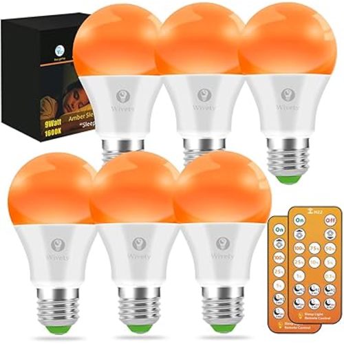 Sleep Light Bulbs Amber 1600K with Remote Control, Blue Light Blocking A19, 9W for Sleep Therapy, Baby Nursery, Bedroom (6 Pack)