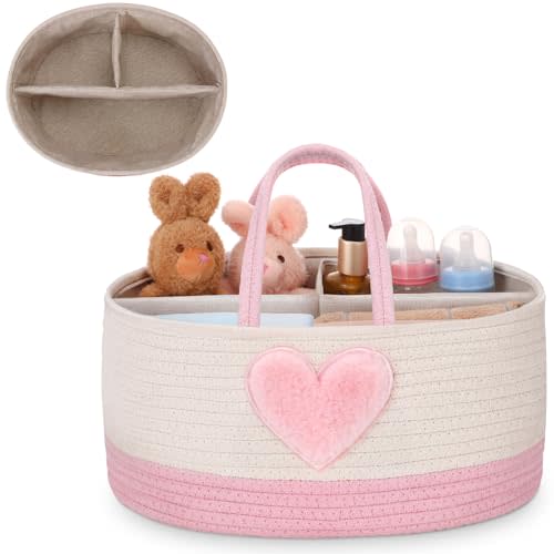 Aliceset Large Diaper Caddy for Baby Girl Boy Rope Nursery Storage Bin Basket Portable Holder Tote Bag for Changing Table Car Travel Baby Shower Gifts Newborn Essentials Registry Must Have(Pink Heart)