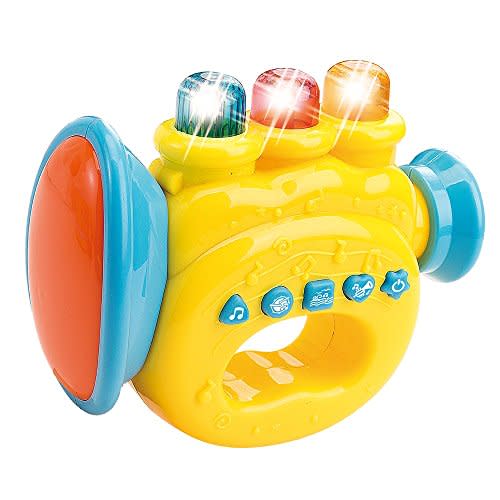 WEofferwhatYOUwant Baby Trumpet - Baby Musical Instrument - Interactive Music Toy with Lullabies, LED Lights & Play-Along Mode with Trumpet Keys - Portable Travel Size for Small Hands