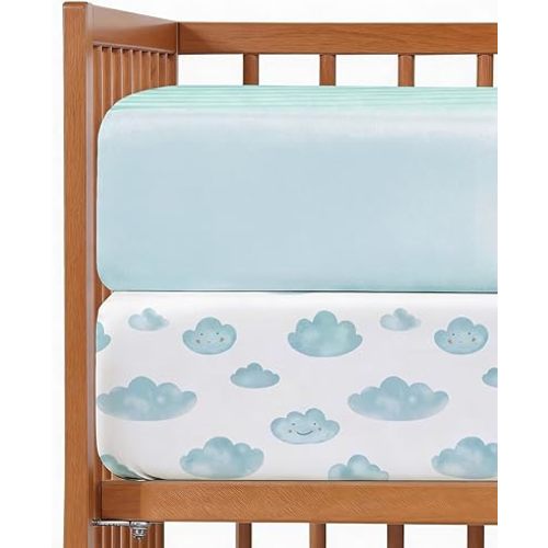 2-Pack Mini Crib Sheets Fitted - Pack N Play Sheets for Pack and Play Mattress - Stretchy Soft Microfiber Playard Bedding - Mini Toddler Bed Cover Boys & Girls - Easy-Fit, Oeko-Tex, 38 x 24in - Clouds