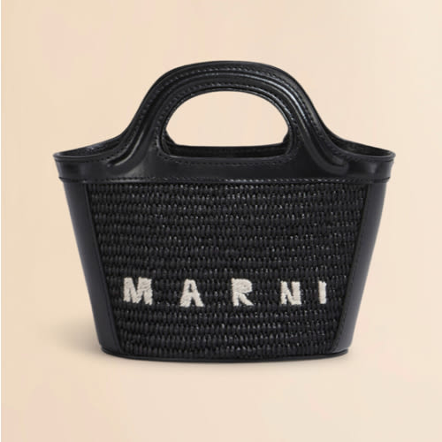 Marni | Tropicalia Micro Bag in black leather and raffia-effect fabric