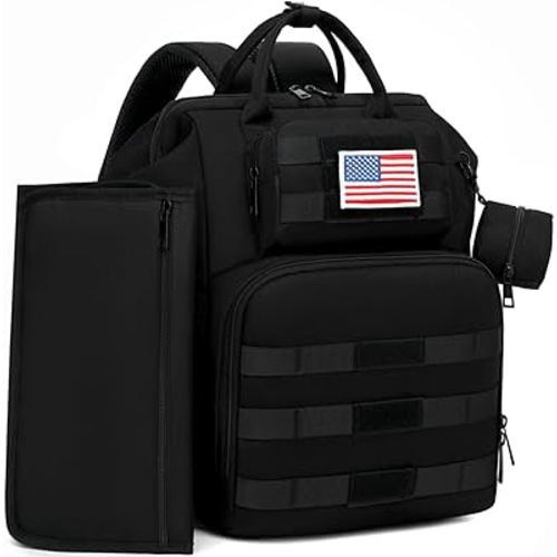 Diaper Bag Backpack for Dad and Men, Large Travel Baby Bag with Changing Pad, Pacifier Case, Removable Flag Patch - Baby Shower Gifts - Shadow Black