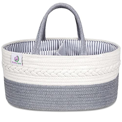 KiddyCare Woven Diaper Caddy Basket with Handle Lid | Diaper Caddy Basket with Dividers for Baby Boy/Girl, Diaper Tote Bag for Bady Storage for Car | Baby Nursery Canvas Caddy | Gray Regular