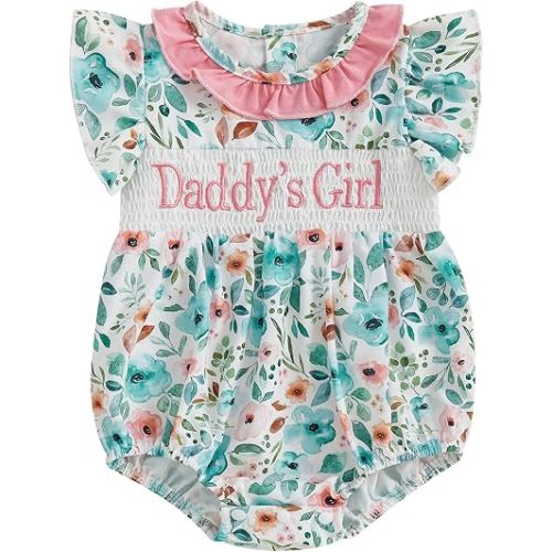 Kayotuas Baby Girl Summer Clothes Cute Smocked Bubble Romper Fly Sleeve Ruffled Doll Collar Letter Embroidery Bodysuit Dress