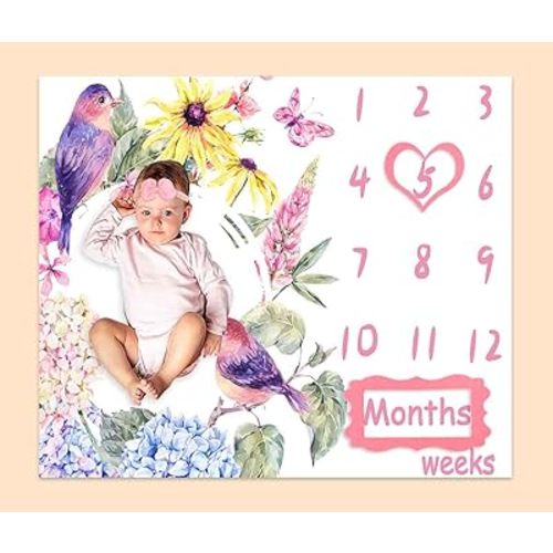 Monthly Milestone Blanket for Baby Girl, Colorful Blossom Floral Birds Growth Chart Blanket Baby Pictures, 48"x40" Photography Backdrop 1 to 12 Months Include 4 Frames, 1 Headband BTXTPH392