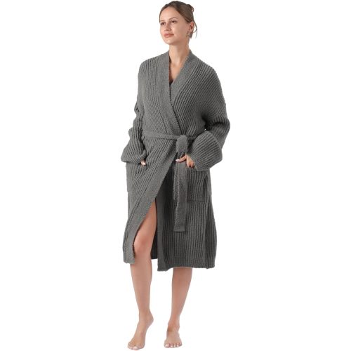 bearberry Cozy Robe Lightweight Soft Plush Robe Vertical Bar Hoodless Sleepwear Nightgown with Pockets for Women