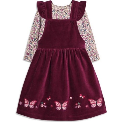 Floral Print Top & Butterfly Appliqué Corduroy Pinefore Set