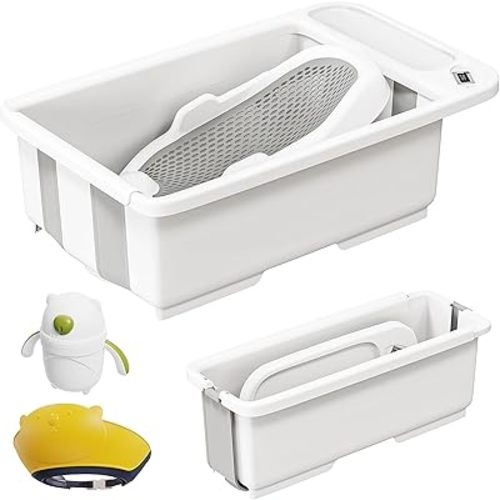 Collapsible Baby Bathtub with Smart Temperature Display & Bath Stand, Portable Travel Bathtub, Ideal for 0-36 Months Infants (Beige)