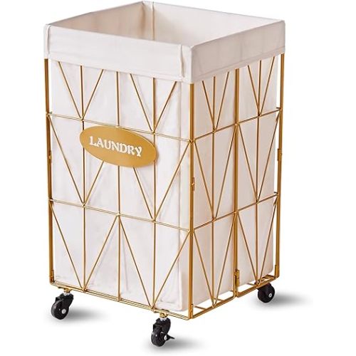 Mxfurhawa Collapsible Laundry Hamper with Wheels, 65L Capacity and Removable Liner, Sturdy Metal Frame for Clothes Storage and Transport (Gold)