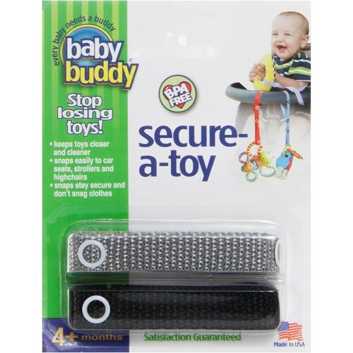 Baby Buddy Secure-A-Toy, Safety Strap Secures Toys, Teether, Or Pacifiers to Strollers, Highchairs, Car Seats, Adjustable Length to Keep Toys Sanitary Clean, Registry Must Haves, Black-Gray, 2 Count
