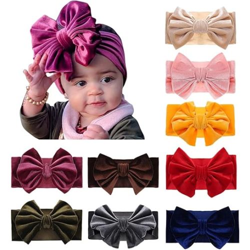JIAHANG Baby Girls Velvet Big Bow Headband, Turban Knotted Hair Bands, Wide Velour Head Wrap 9Pcs for Newborn