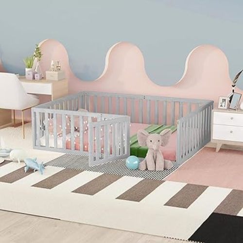 Twin Size Floor Bed Frame with Safety Fence and Door, Wood Montessori Floor Bed Frame for Kids Boys Girls, Toddler Bed Frame for Bedroom Playroom, Grey