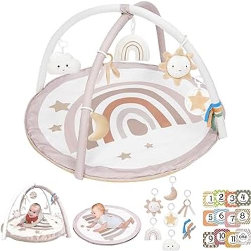 Baby Play Gym Mat, Tummy Time Activity Mat with 7 Detachable Toys and 12 Milestone Cards for Stage-Based Sensory and Motor Skill Development, Washable Play Mats for Infant, Newborn Baby Essentials