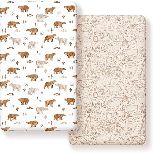Stretchy Ultra Soft Jersey Knit Fitted Crib Sheets Set 2 Pack,Universal Fit All Standard Crib Mattress Pads Safe and Snug, Crib Fitted Sheet for Boys and Girls, Cute Animals Print