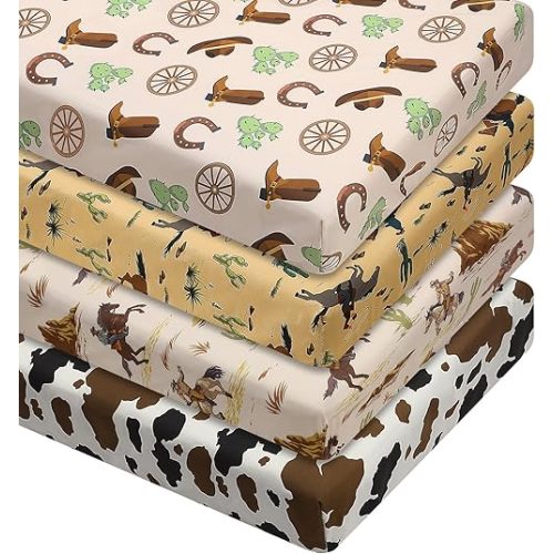 4 Pcs Western Cowboy Crib Sheet Set Newborn Bedding Nursery Baby Sheets for Girl Boys Baby Gifts for Standard Crib and Toddler Mattresses, 52 x 28 x 8 Inches