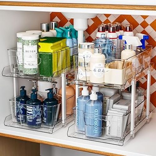 SuoXing 2 Sets of 2-Tier Under Cabinet Organizer,9.7″ Tall Clear Under Sink Organizers and Storage,Multi-Purpose Kitchen Bathroom Under Sink Organizer and Cabinet Storage Organization With Dividers