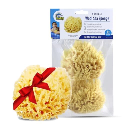 Baby Buddy Absorbent Natural Bath Sponge, Ultra Soft Premium Sea Wool Sponge, Soft on Baby's Tender Skin, Bath Accessories Baby and Kids, Infant Bath, Biodegradable, Hypoallergenic, 2pk, 4in