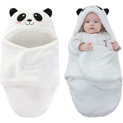 Winmany Baby Hooded Fleece Swaddle Blanket Newborn Fannel Cartoon Receiving Blanket Soft Plush Sleeping Bag Sack Stroller Wrap for Infants Girl Boy 0-6Months (White Panda, 3-6Months)