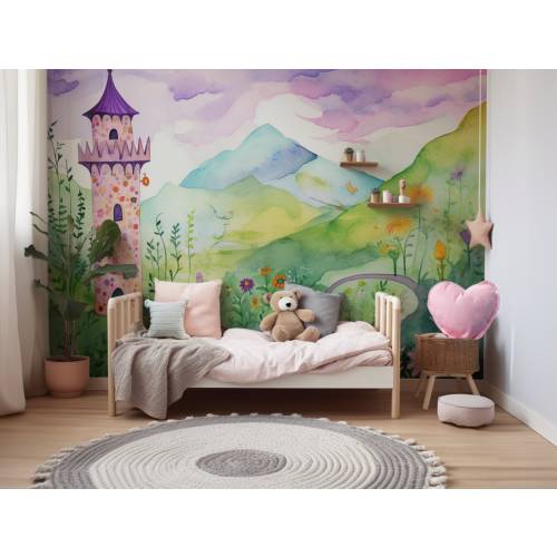 Princess Rapunzel Tower Mural - Nursery Wallpaper | Children's Wall Art | Illustrated Mural