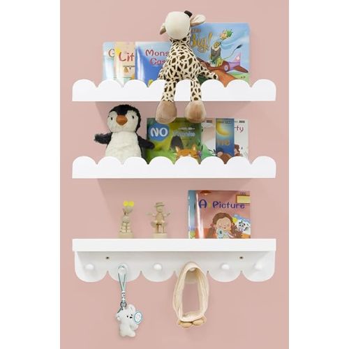 Wall Book Shelves for Bedroom Kids with Hooks - Scalloped Shelves for Nursery Set of 3, Nursery Bookshelf for Wall Room Decor, 16 Inch