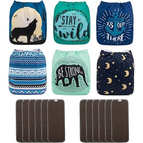 ALVABABY Baby Cloth Diapers/6 Pack with 12 pcs 5-Layer Inserts/Adjustable Washable Reusable 6CM64-ZTN