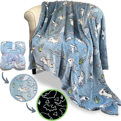 Shark Glow in The Dark Fleece Blanket: Cozy, Soft, Lightweight, Warm, 50" x 60" for Boys and Girls with Hammerhead, Mako, Blue, Whale, and Great White Sharks! (Blue)