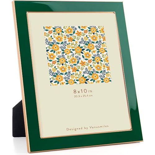 Venusmiles 8x10 Enamel Picture Frame, Gold Metal Edge with Easel, Real Glass Photo Frame for Wall and Tabletop Display Family Office Photo Gallery, Green Enamel/1pc