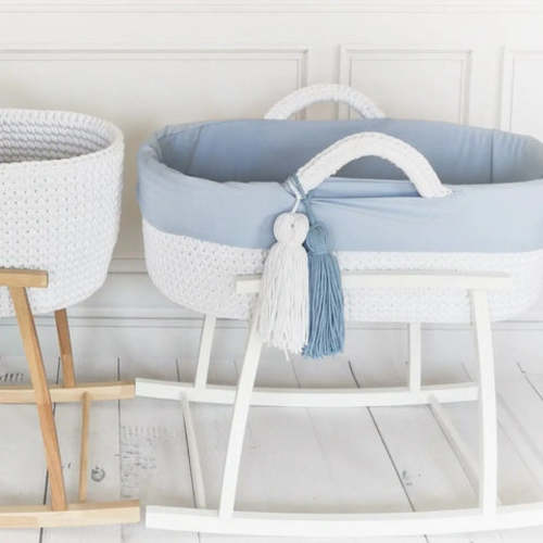 Crochet Moses Bassinet in Cream & Rattan Rocking Stand