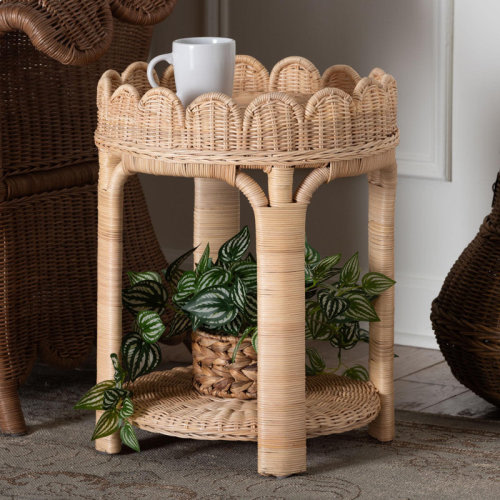 Dakota Fields Bali & Pari Latoya Natural Rattan End Table - Handwoven Wicker 2-Tier Side Table With Scalloped Border For Living Room Or Bedroom | Wayfair
