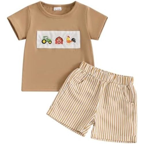 Toddler Boy Summer Clothes Animal Embroidery Smocked Short Sleeve T-Shirt + Casual Shorts