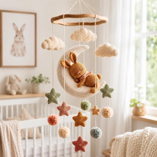 Sleeping Bunny On The Moon Crochet Baby Mobile, Cute Rabbit Nursery Mobile, Neutral Baby Crib Mobile, Handmade Baby Shower Gift