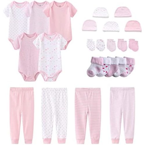 Newborn Layette Gift Set Bodysuits Pants for Baby Girl and Boy 24 Piece 100% Cotton Essentials and Accessories