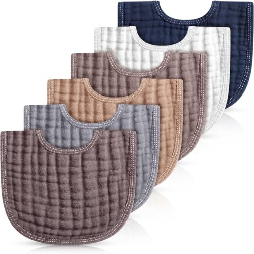 Frienda 6 Pcs Muslin Bibs Burp Cloths for Baby Teething Bandana Bibs 6 Absorbent Layer for Baby Boy Girl Cotton Burping Cloth(Gray Series)