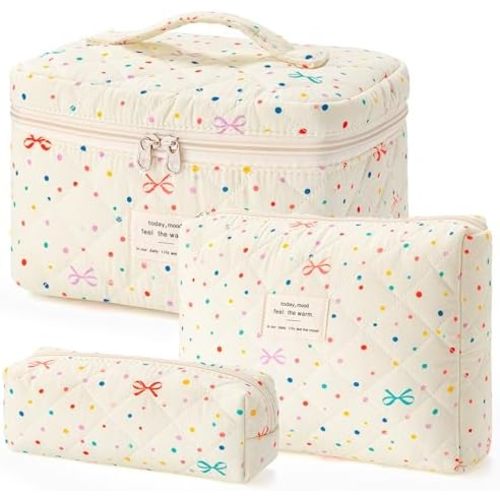 HBselect Quilted Makeup Bag, 3PCS Cotton Large Travel Makeup Bag, Cute Floral Coquette Make up Bag Cosmetic Bag Toiletry Bag for Women Girls
