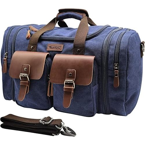 Wildroad 60L Travel Duffel Bag, Expandable Canvas Genuine Leather Duffle Bag Upgraded Overnight Weekender Bag Carry on Bag
