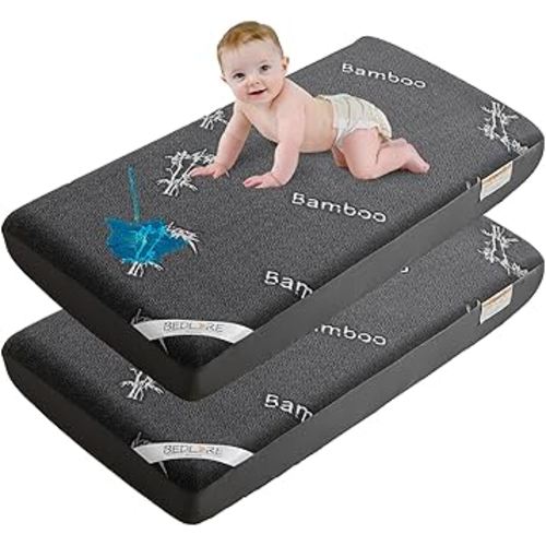 BEDLORE Waterproof Crib Mattress Protector 2 Pack, Ultra Soft Bamboo Viscose Crib Mattress Pad Cover, Noiseless Toddler Mattress Protector for Standard Baby Mattress Size 52''x28'', Dark Gray