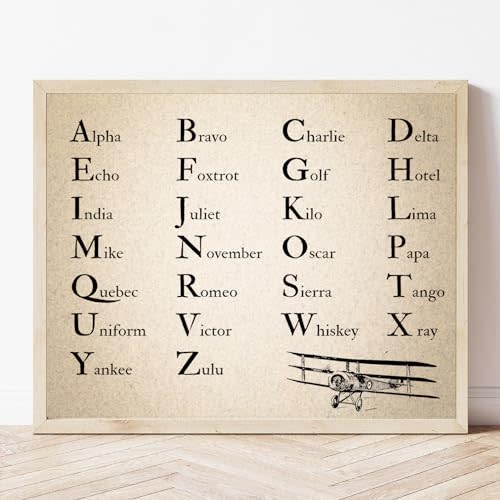 HAOSHIFA Vintage Phonetic Alphabet Canvas Wall Art Sign Aviation Airplane Abc Nursery Decor Boys Gallery Wrapped Canvas Ready to Hang Nato Military Alphabet(12X16)