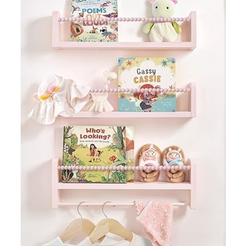 Nursery Book Shelves for Wall Set of 3, Pink Natural Wood Bookshelf Wall Decor, Small Floating Shelf Organizer for Kids Room, Bedroom, Kitchen Spice Rack