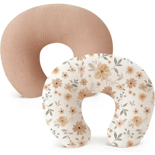 Konssy 2 Pack Muslin Nursing Pillow Covers, Soft and Adorable Nursing Cover for Breastfeeding Pillows, Pillow Slipcover for Baby Girls Boys Newborn(Toffee, Flourish)