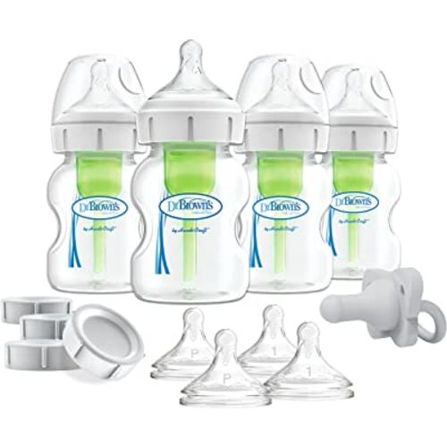 Dr. Brown’s Natural Flow® Anti-Colic Options+™ Wide-Neck Breast to Bottle Pump & Store Feeding Set with Slow Flow Nipples, Baby Bottle Travel Caps and 100% Silicone HappyPaci™ One-Piece Pacifier